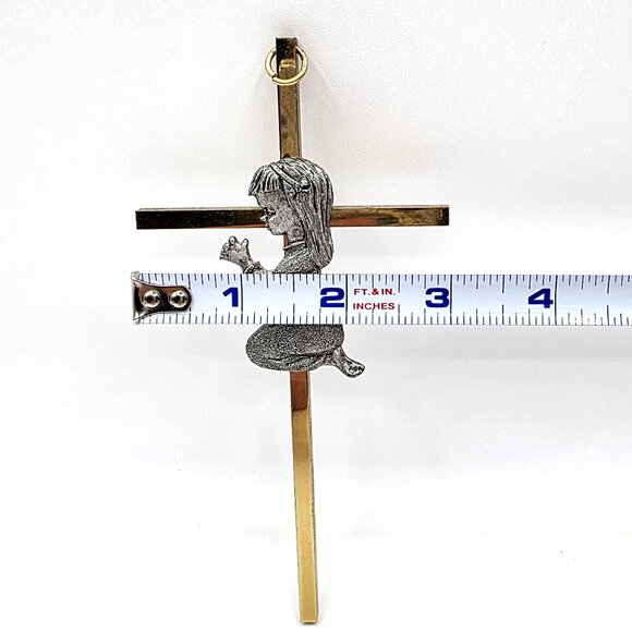 Wall Cross Crucifix with Pewter Praying Child Gold Toned Brass Baptism Gift 6 In - Picture 6 of 6